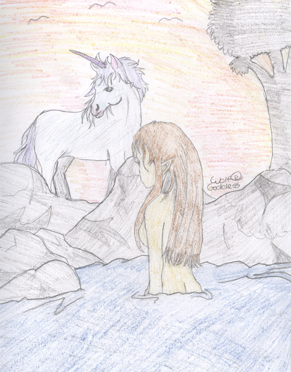 Bathing Elf Maiden and Unicorn by wolf_goddess