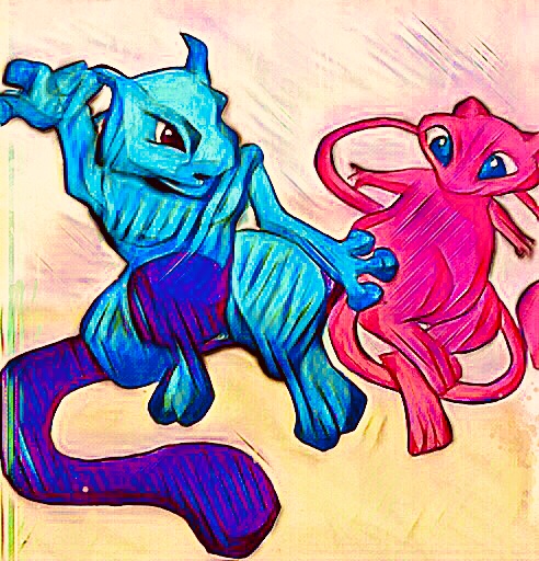 Mew and Mewtwo by wrightmother