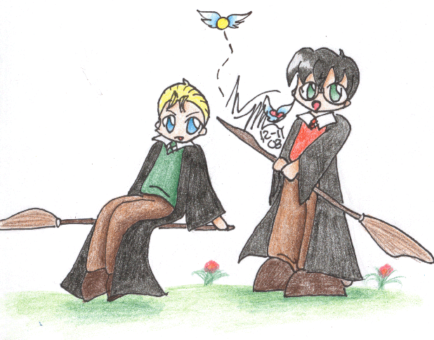 Chibi Harry and Draco on Broomsticks by yume_no_neko