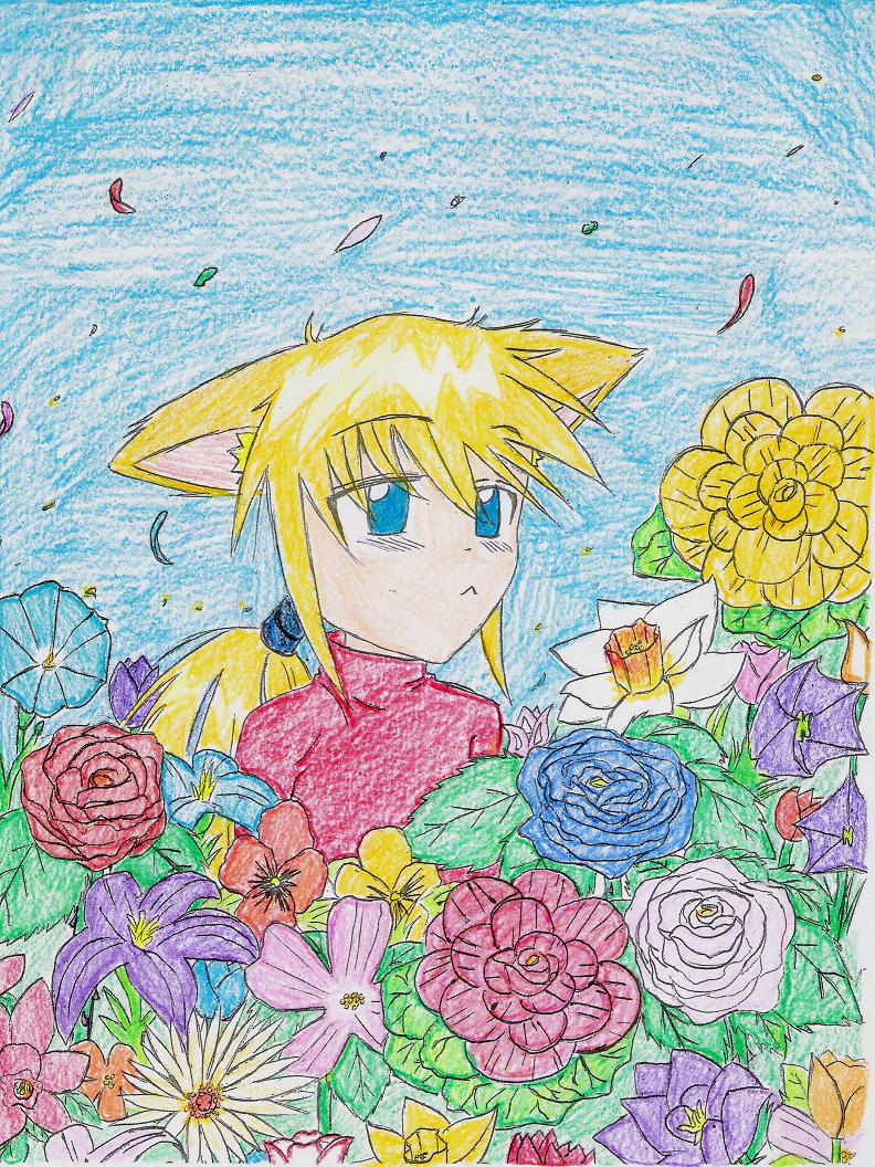 Neko Zero in a Field of Flowers(colored) by ZeroMidnight