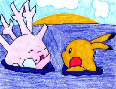 Corsola and Pikachu by Zookeepsy55